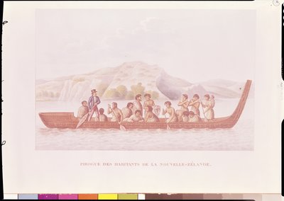 Canoa excavada pilotada por nativos de Nueva Zelanda, ilustración de 